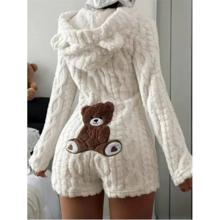 Fleece Romper | Plush Fleece Hood With Bear Ears | Front Zipper