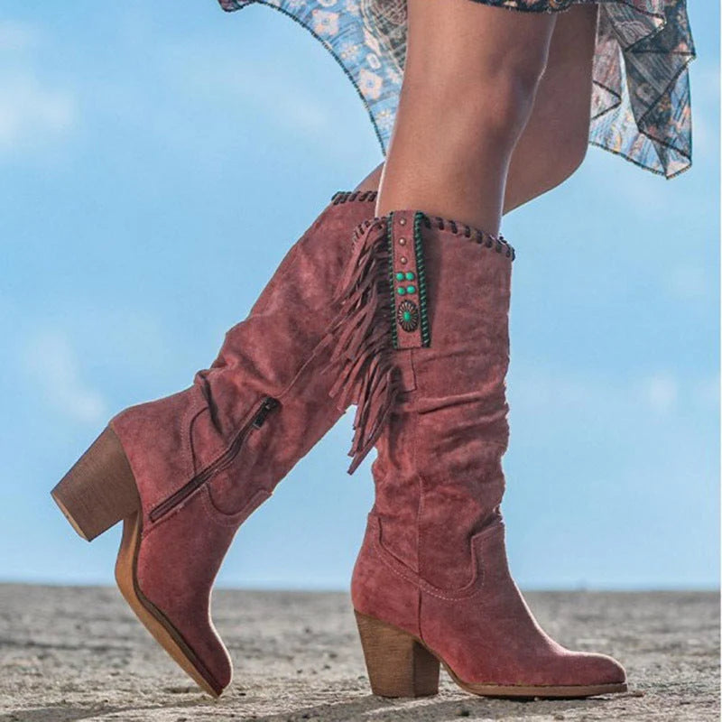 Knee-High Boots | Faux Suede Fringe & Turquoise Accents