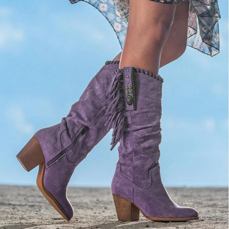 Knee-High Boots | Faux Suede Fringe & Turquoise Accents