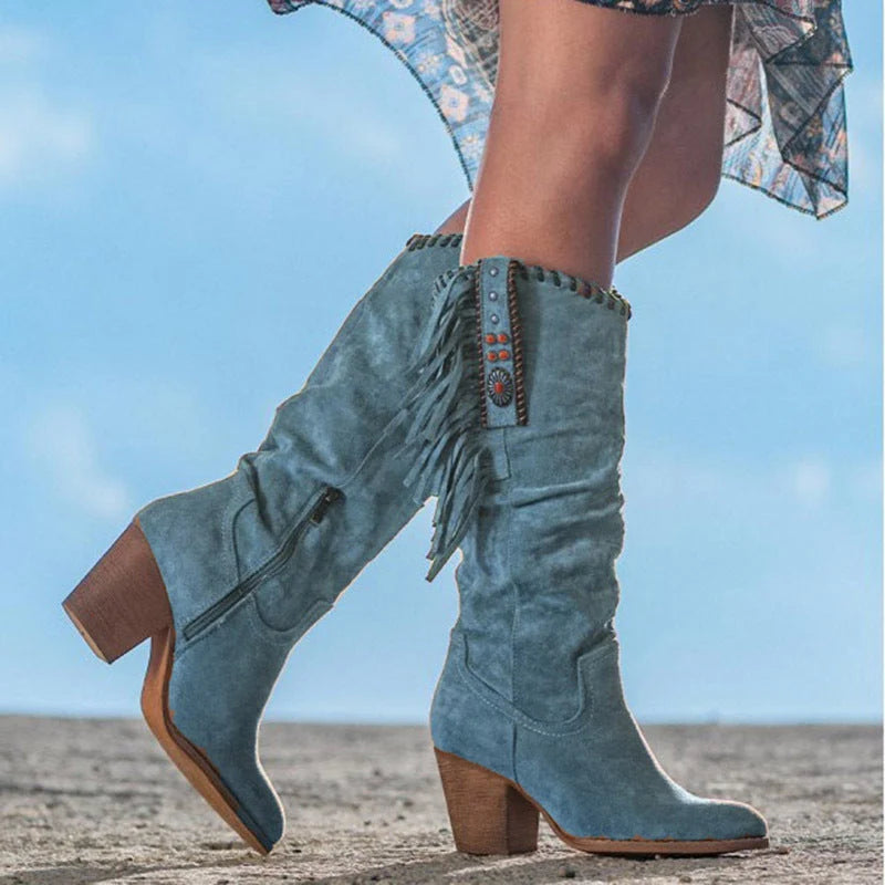 Knee-High Boots | Faux Suede Fringe & Turquoise Accents