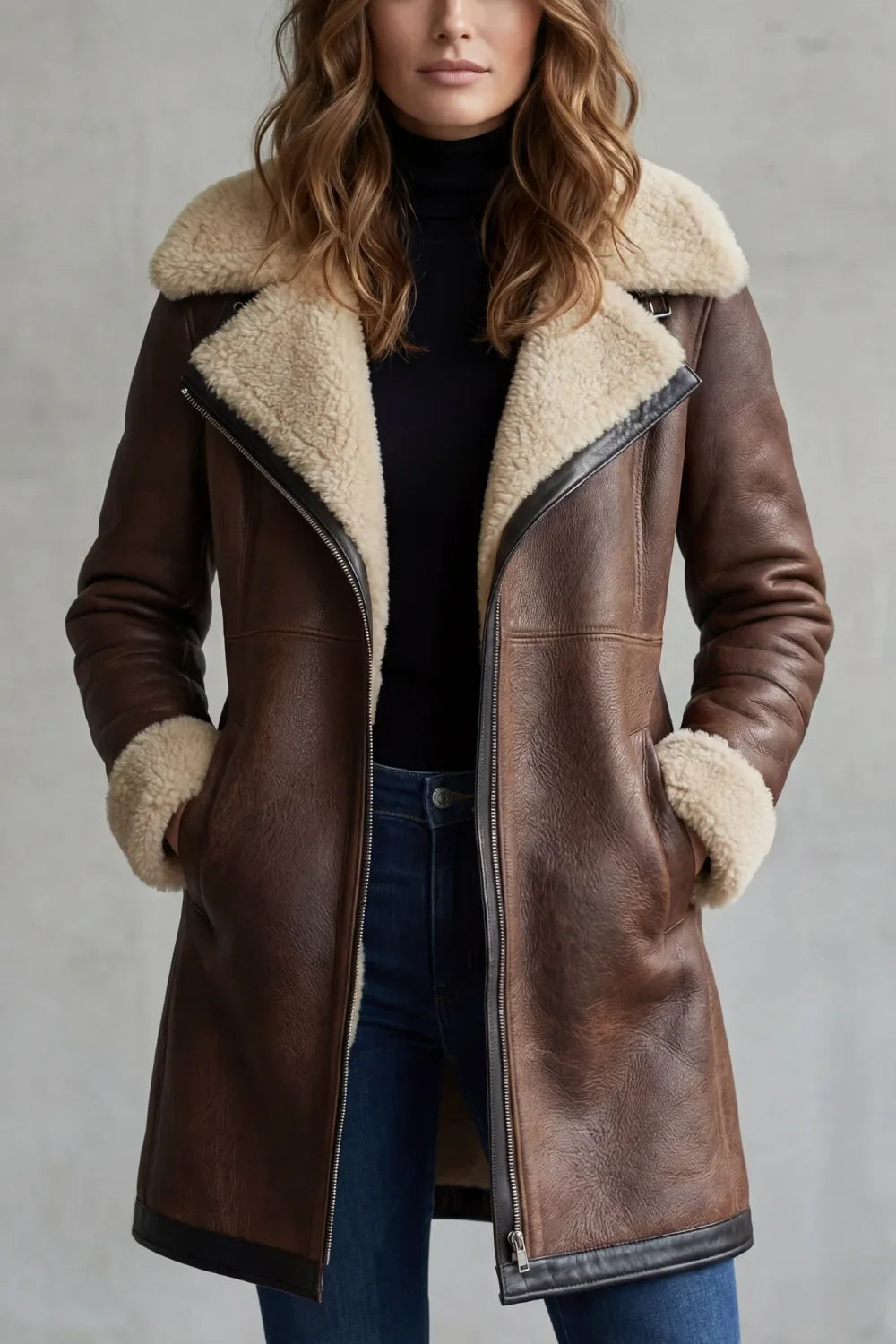 Leather Jacket | Shearling Collar & Cuffs | Zip Front