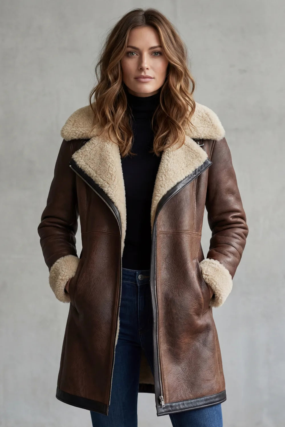 Leather Jacket | Shearling Collar & Cuffs | Zip Front