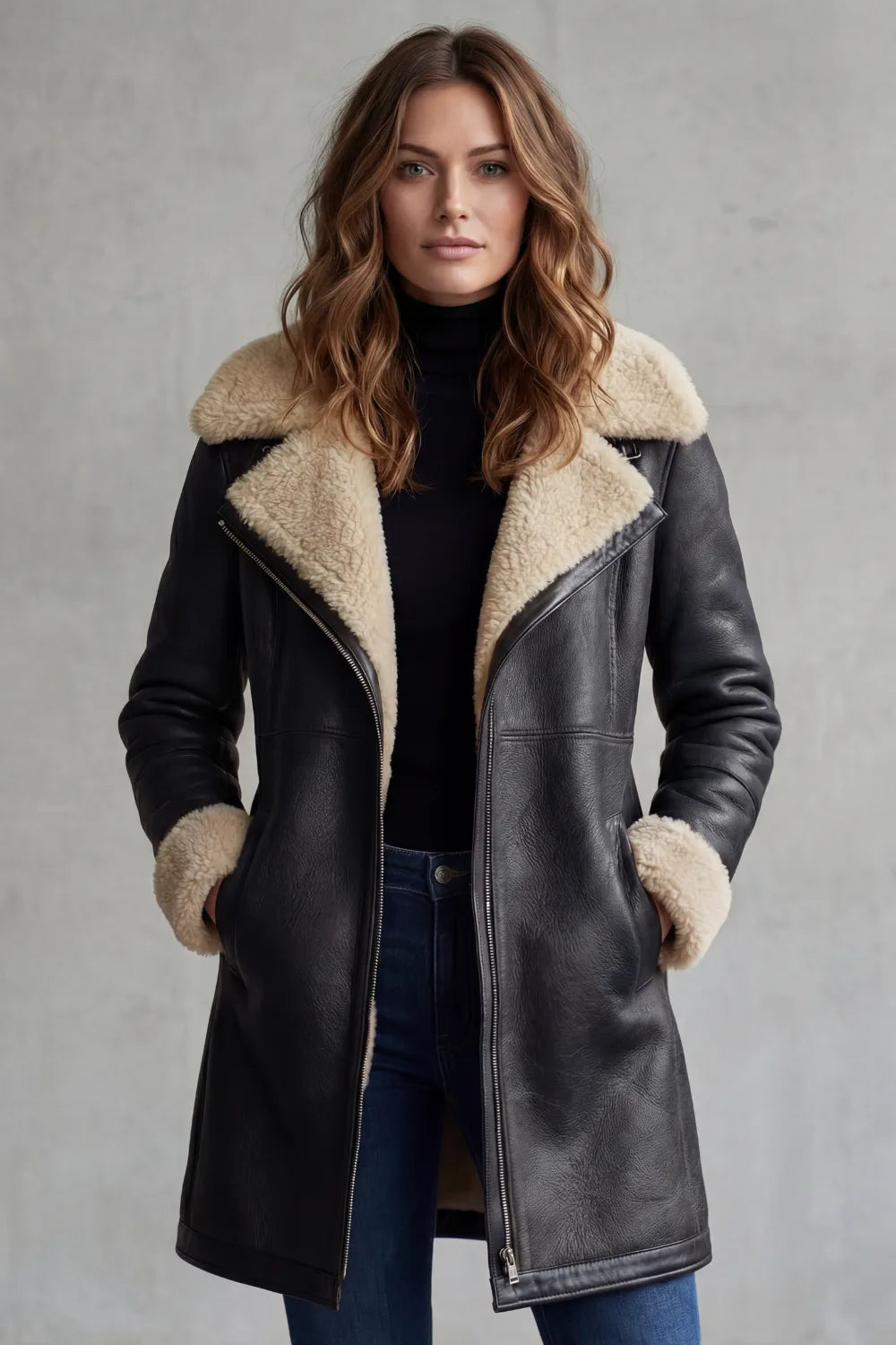 Leather Jacket | Shearling Collar & Cuffs | Zip Front