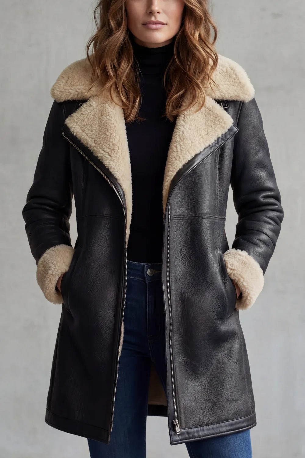Leather Jacket | Shearling Collar & Cuffs | Zip Front