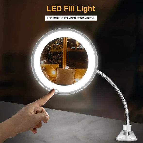 Lighted Makeup Mirror | 10x Magnification & Suction-Cup Gooseneck