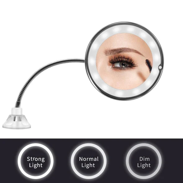 Lighted Makeup Mirror | 10x Magnification & Suction-Cup Gooseneck