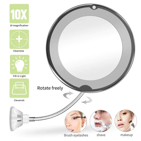 Lighted Makeup Mirror | 10x Magnification & Suction-Cup Gooseneck