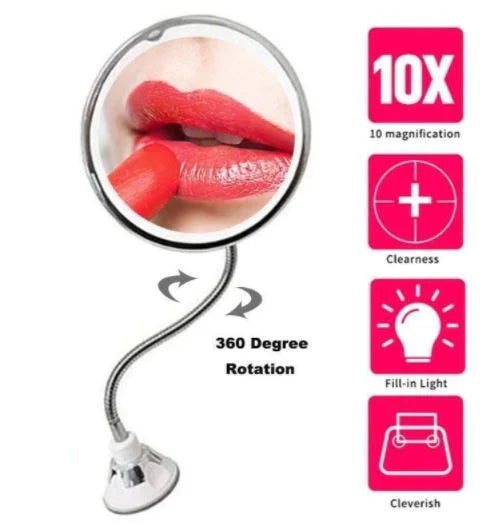 Lighted Makeup Mirror | 10x Magnification & Suction-Cup Gooseneck