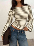 Long-Sleeve T-Shirt | Striped Boat Neck | Cropped Length
