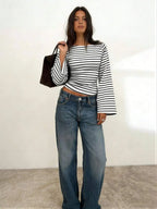 Long-Sleeve T-Shirt | Striped Boat Neck | Cropped Length