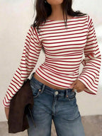 Long-Sleeve T-Shirt | Striped Boat Neck | Cropped Length