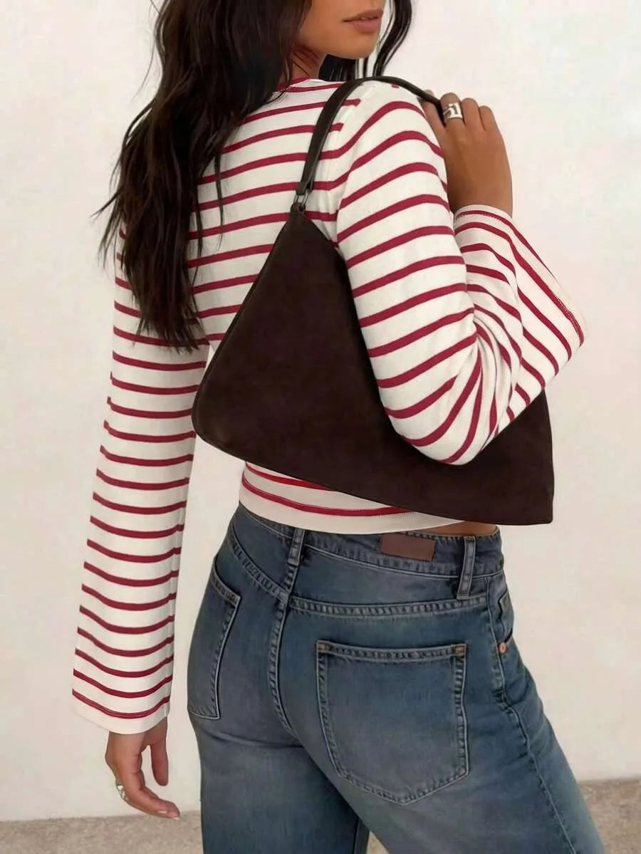 Long-Sleeve T-Shirt | Striped Boat Neck | Cropped Length