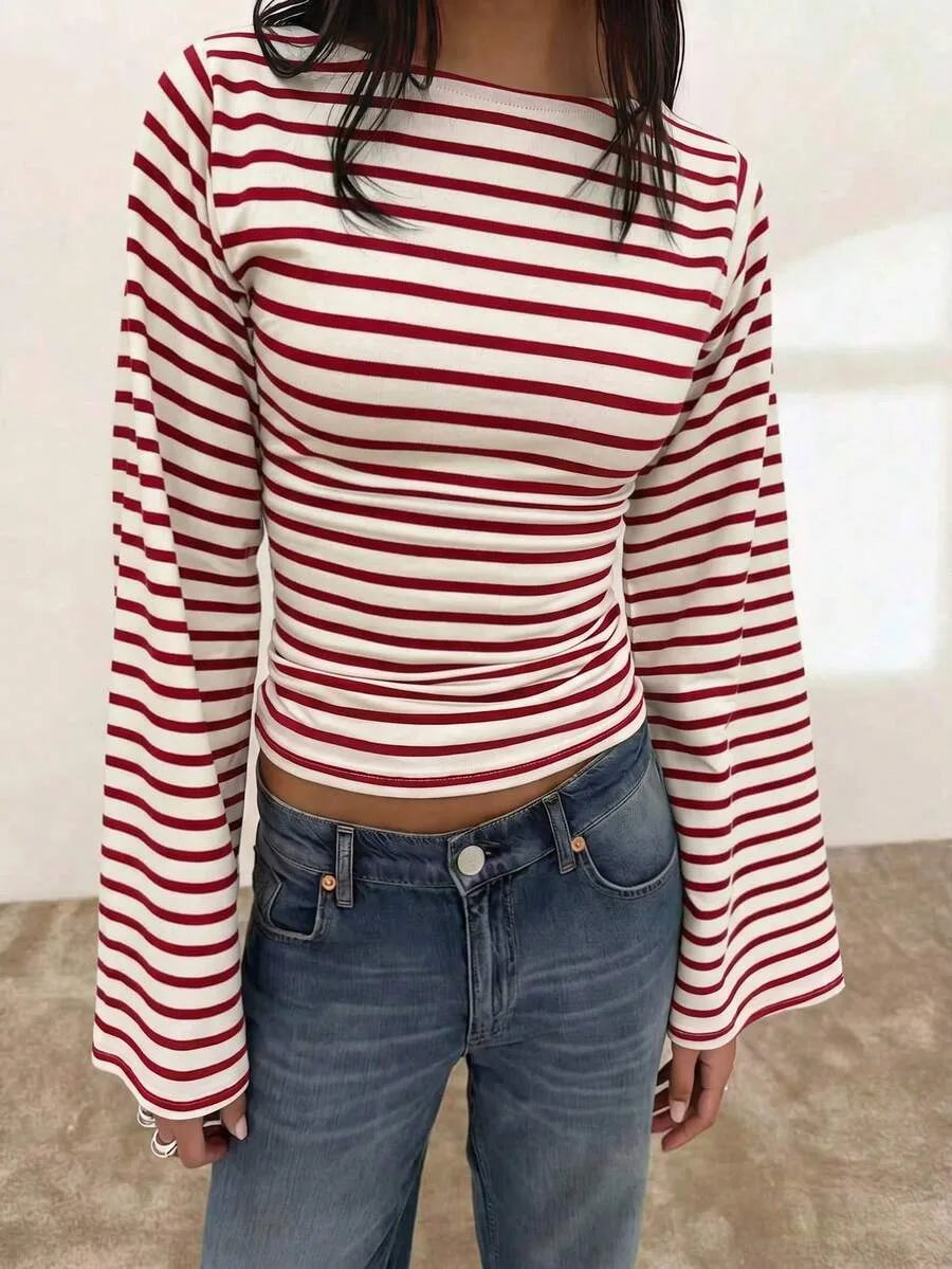 Long-Sleeve T-Shirt | Striped Boat Neck | Cropped Length