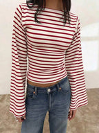 Long-Sleeve T-Shirt | Striped Boat Neck | Cropped Length