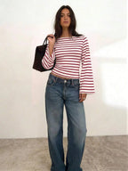 Long-Sleeve T-Shirt | Striped Boat Neck | Cropped Length