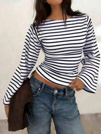 Long-Sleeve T-Shirt | Striped Boat Neck | Cropped Length