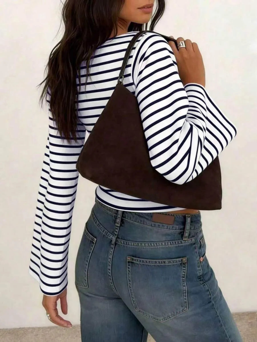 Long-Sleeve T-Shirt | Striped Boat Neck | Cropped Length