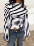 Long-Sleeve T-Shirt | Striped Boat Neck | Cropped Length