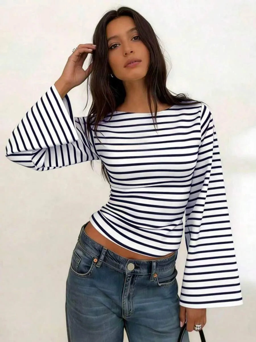 Long-Sleeve T-Shirt | Striped Boat Neck | Cropped Length