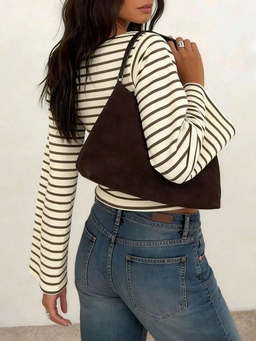 Long-Sleeve T-Shirt | Striped Boat Neck | Cropped Length
