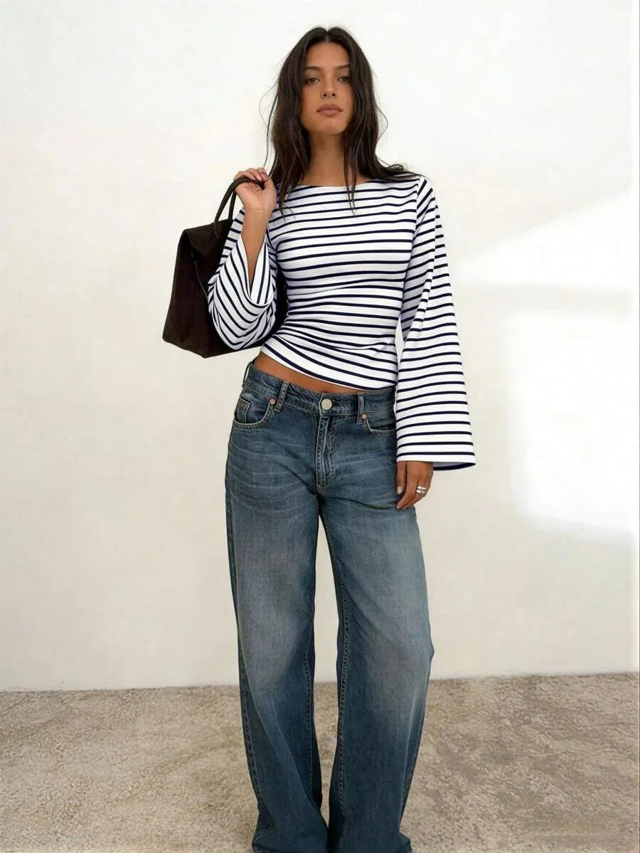 Long-Sleeve T-Shirt | Striped Boat Neck | Cropped Length