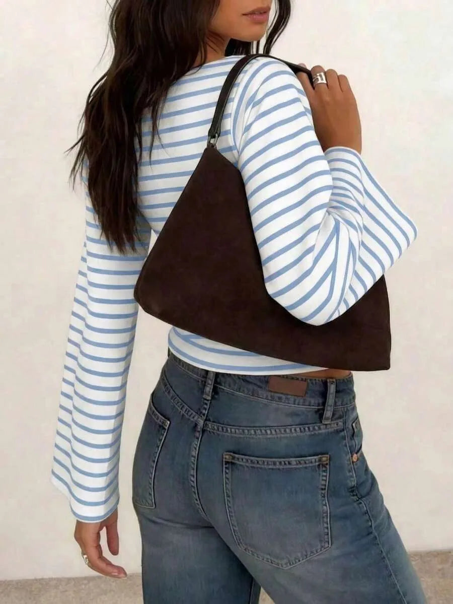 Long-Sleeve T-Shirt | Striped Boat Neck | Cropped Length