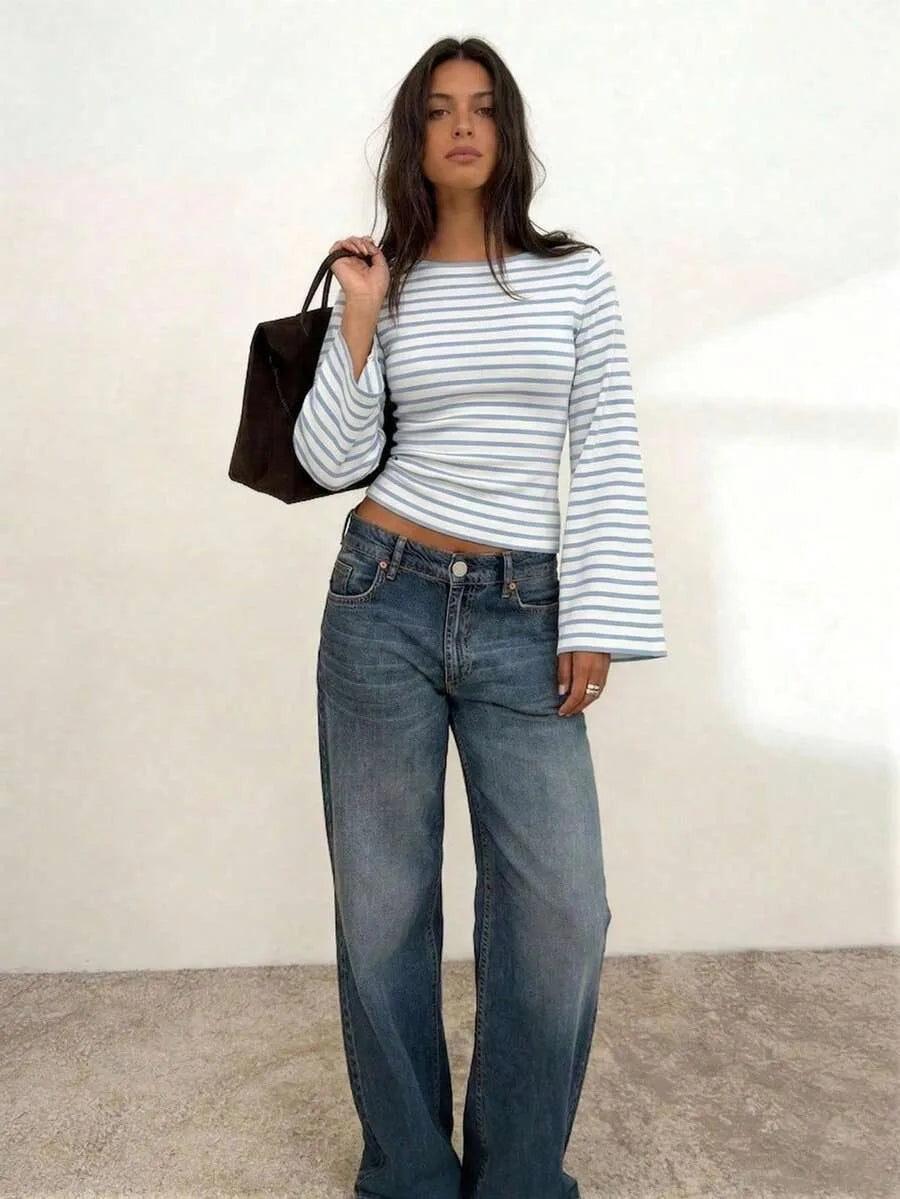 Long-Sleeve T-Shirt | Striped Boat Neck | Cropped Length