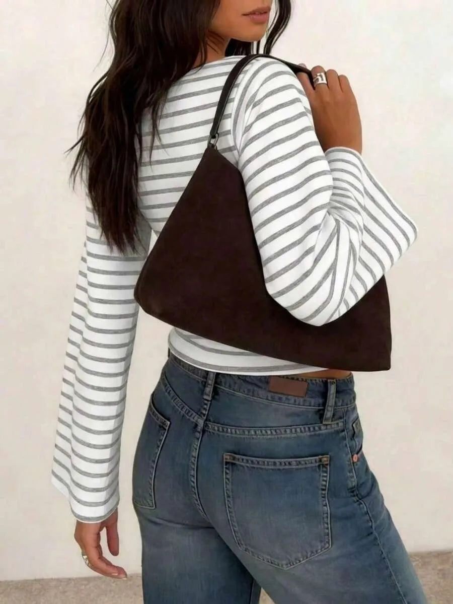 Long-Sleeve T-Shirt | Striped Boat Neck | Cropped Length
