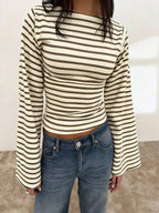 Long-Sleeve T-Shirt | Striped Boat Neck | Cropped Length