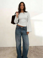Long-Sleeve T-Shirt | Striped Boat Neck | Cropped Length