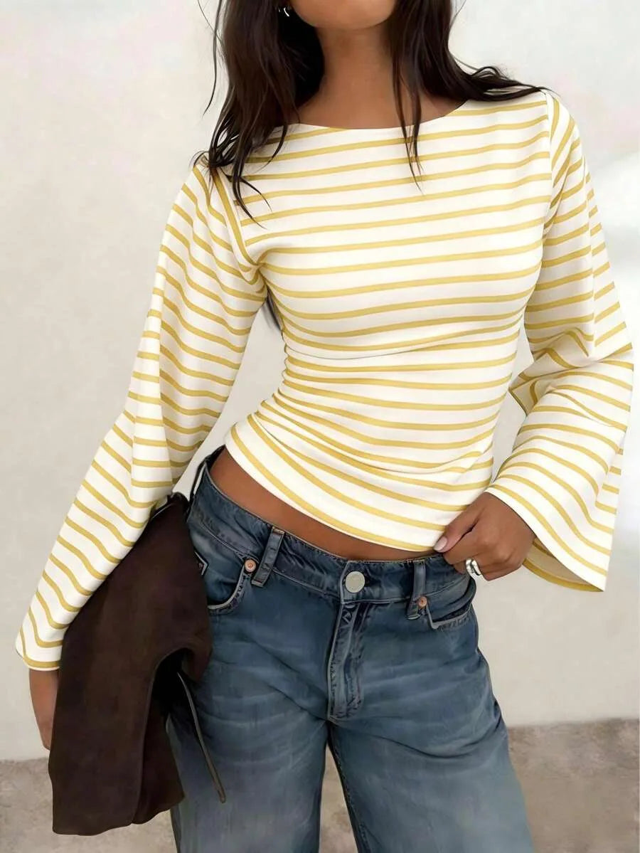 Long-Sleeve T-Shirt | Striped Boat Neck | Cropped Length