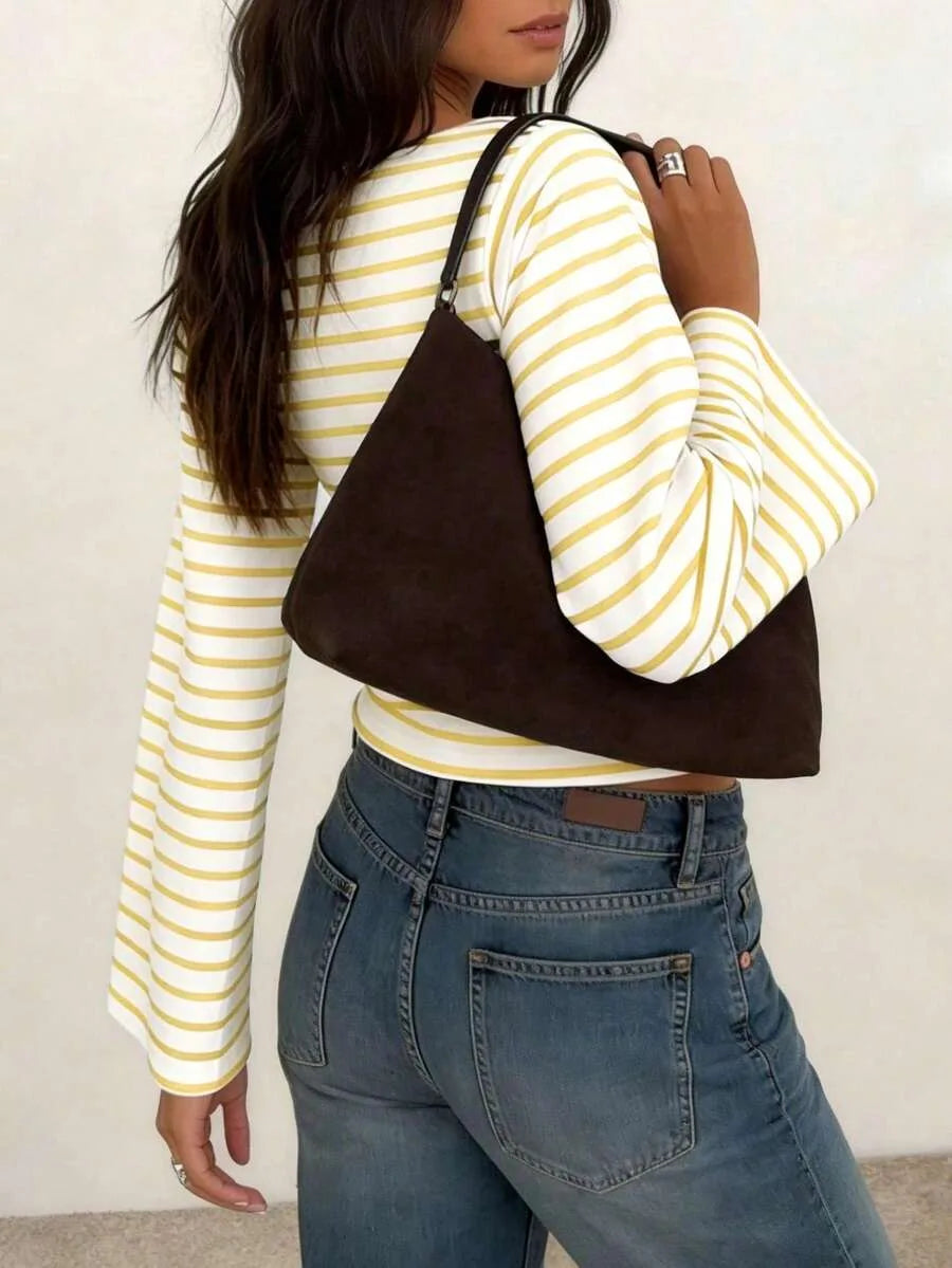 Long-Sleeve T-Shirt | Striped Boat Neck | Cropped Length