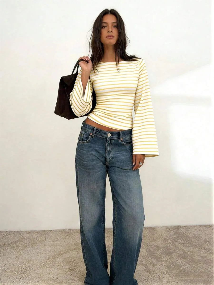 Long-Sleeve T-Shirt | Striped Boat Neck | Cropped Length