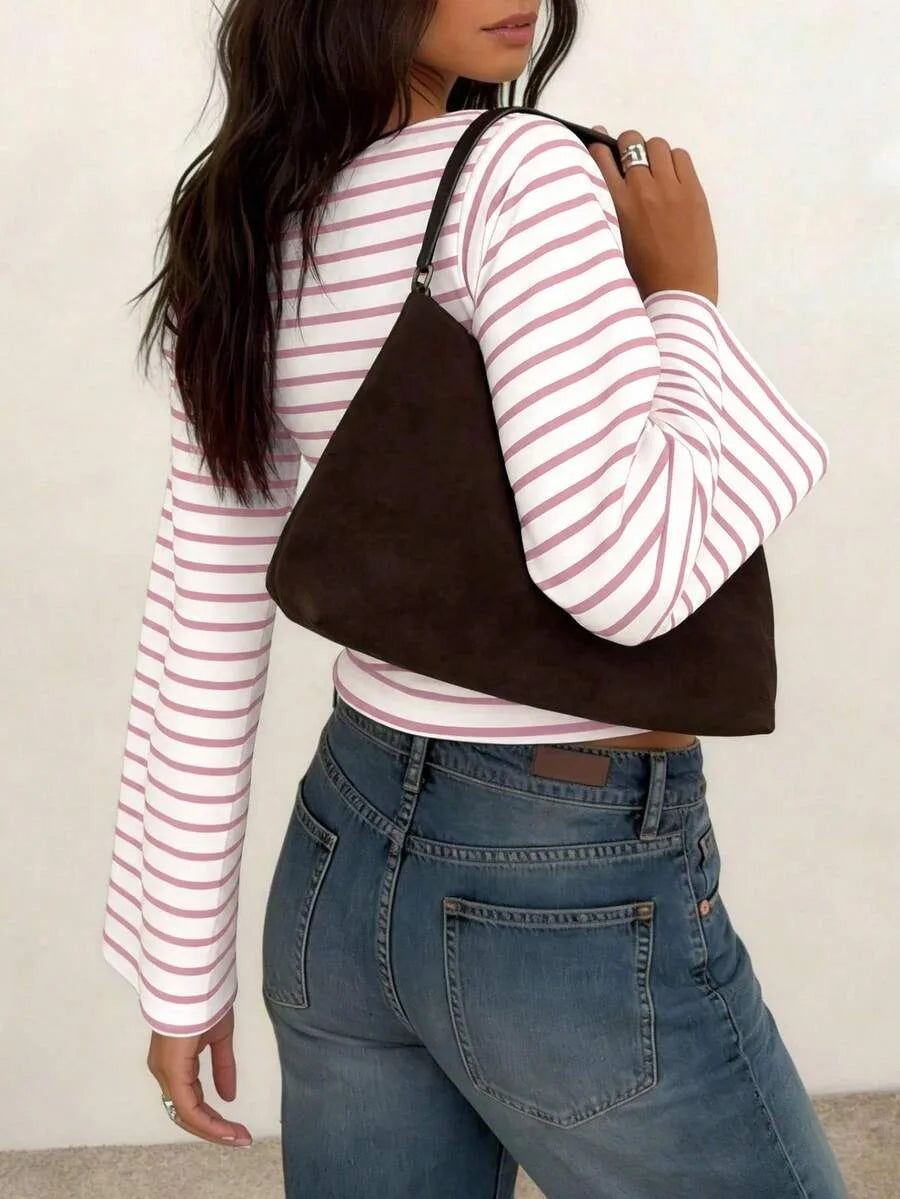 Long-Sleeve T-Shirt | Striped Boat Neck | Cropped Length