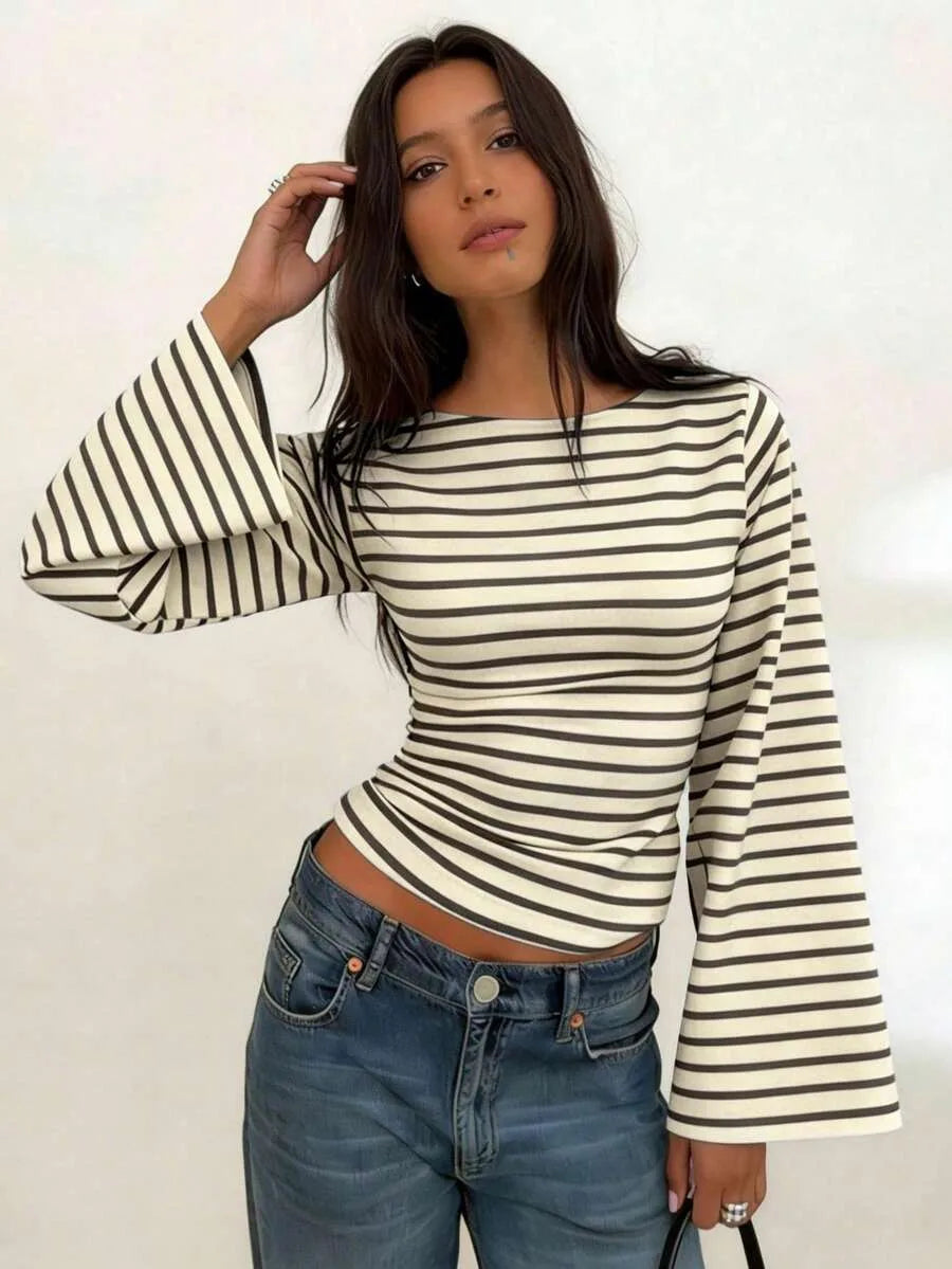 Long-Sleeve T-Shirt | Striped Boat Neck | Cropped Length