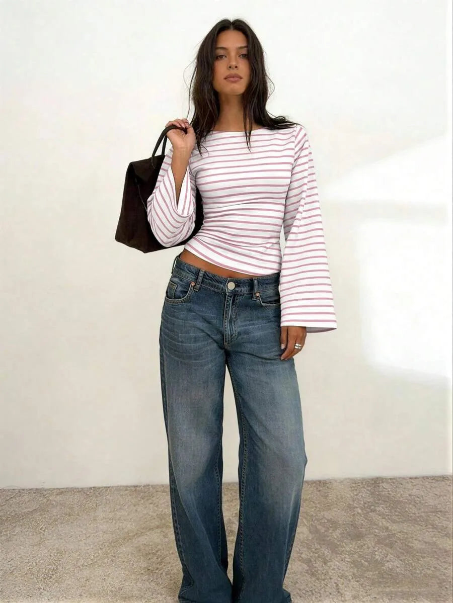 Long-Sleeve T-Shirt | Striped Boat Neck | Cropped Length