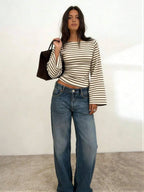 Long-Sleeve T-Shirt | Striped Boat Neck | Cropped Length