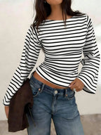 Long-Sleeve T-Shirt | Striped Boat Neck | Cropped Length