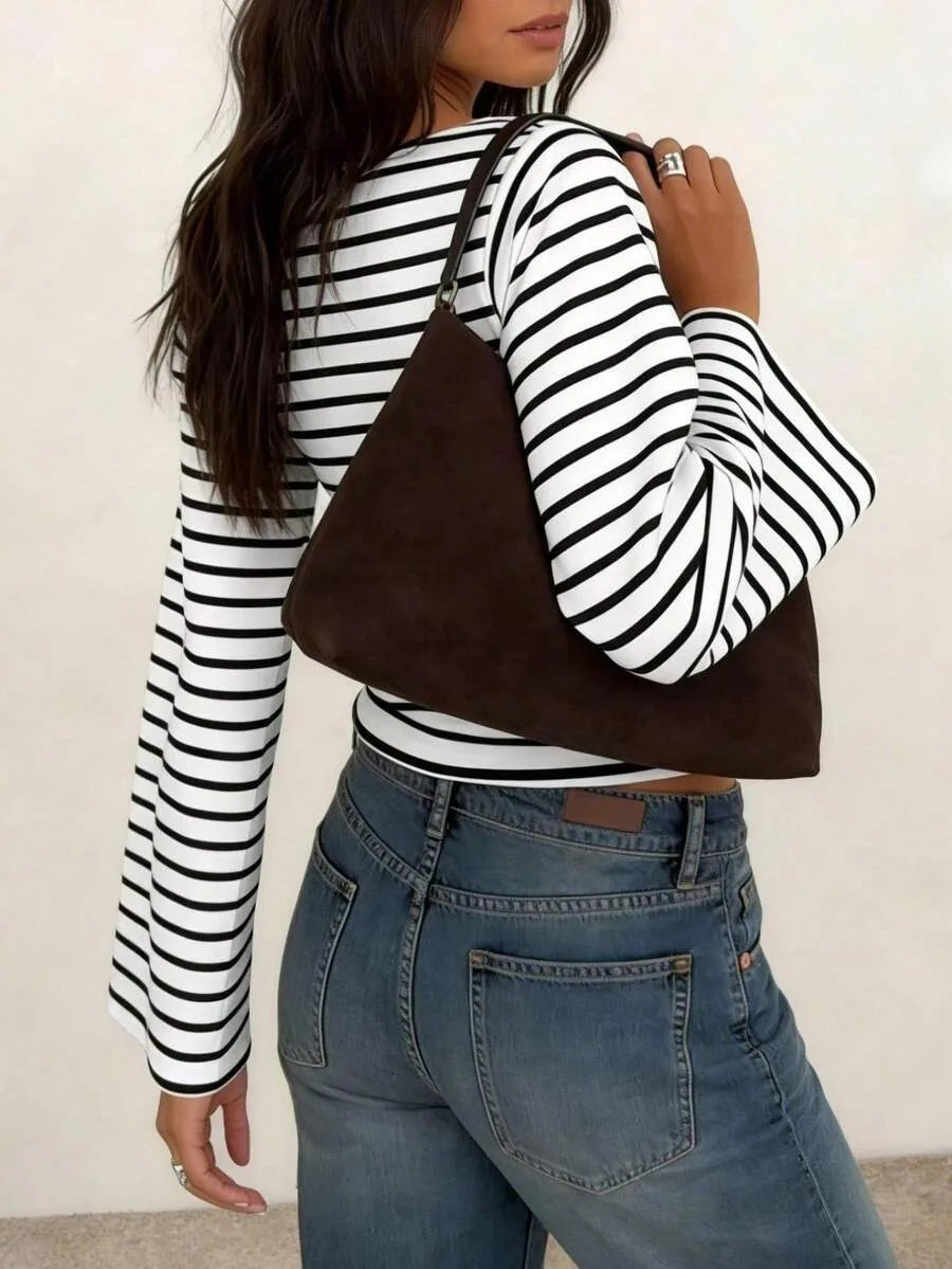 Long-Sleeve T-Shirt | Striped Boat Neck | Cropped Length