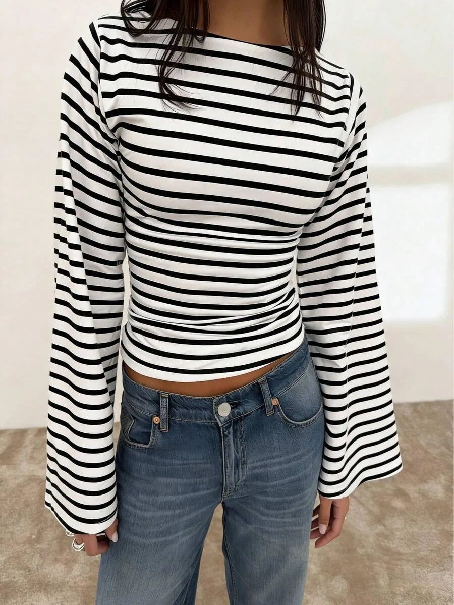 Long-Sleeve T-Shirt | Striped Boat Neck | Cropped Length