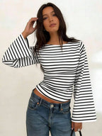 Long-Sleeve T-Shirt | Striped Boat Neck | Cropped Length