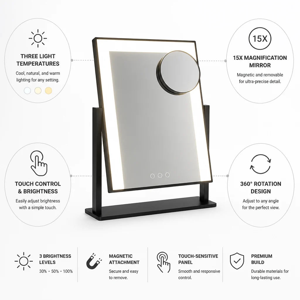 Makeup Mirror | Touch-Control LED Lighting & 15x Magnifying Mirror