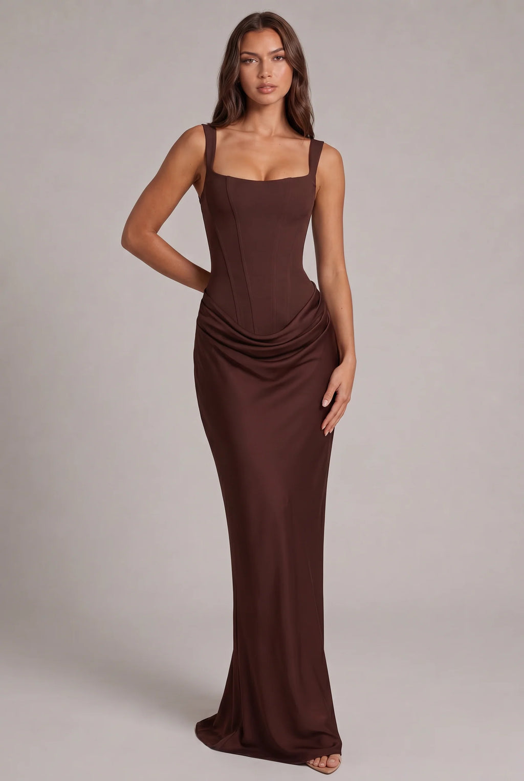 Maxi Dress | Structured Corset Bodice & Draped Skirt | Adjustable Straps