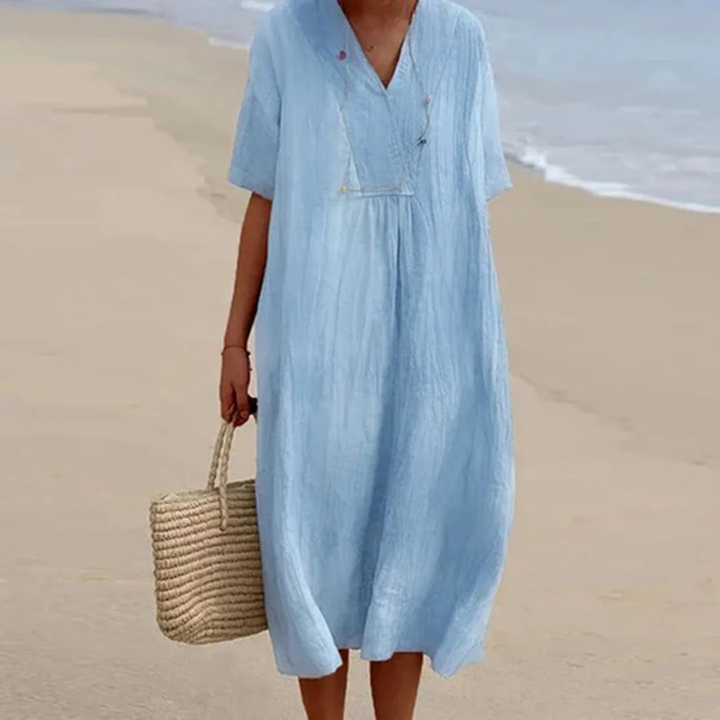 Midi Dress | Breathable Linen Blend & V‑Neck | Loose Fit