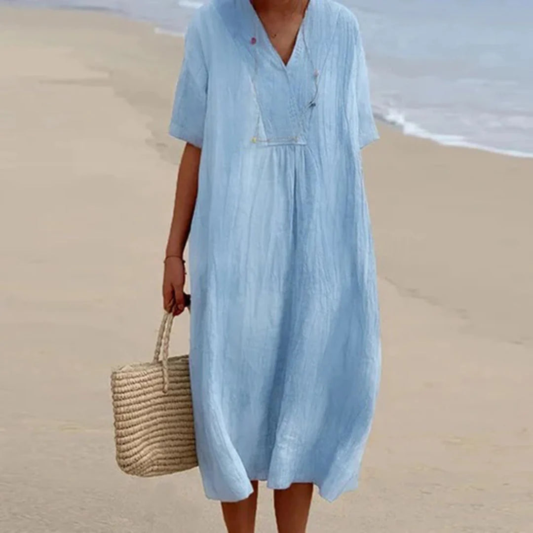 Midi Dress | Breathable Linen Blend & V‑Neck | Loose Fit