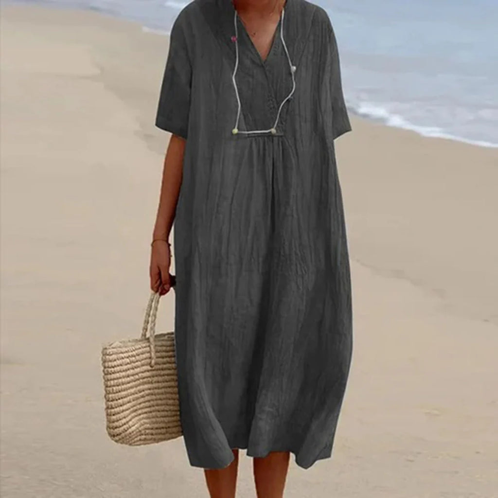 Midi Dress | Breathable Linen Blend & V‑Neck | Loose Fit