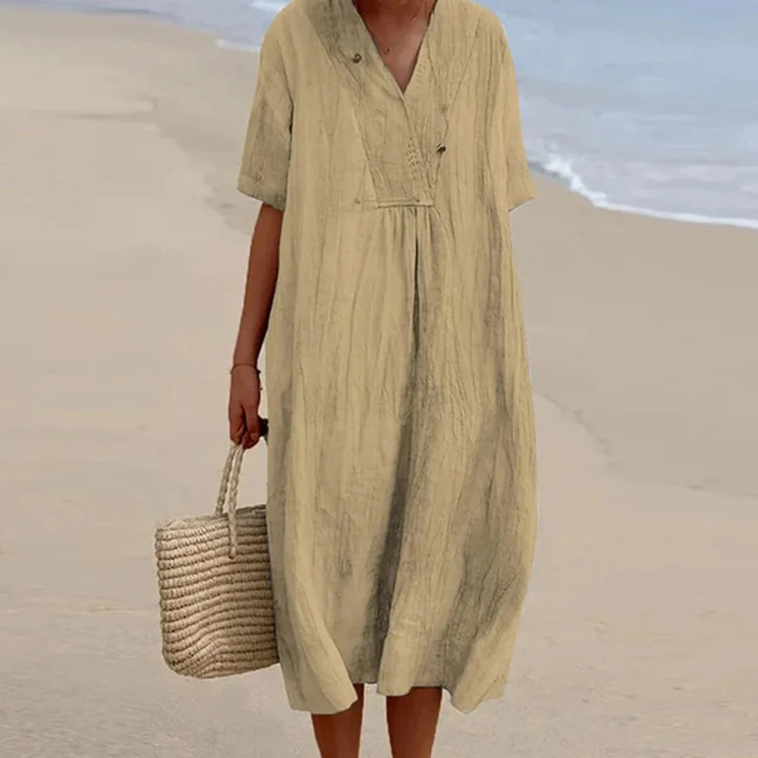Midi Dress | Breathable Linen Blend & V‑Neck | Loose Fit