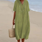 Midi Dress | Breathable Linen Blend & V‑Neck | Loose Fit