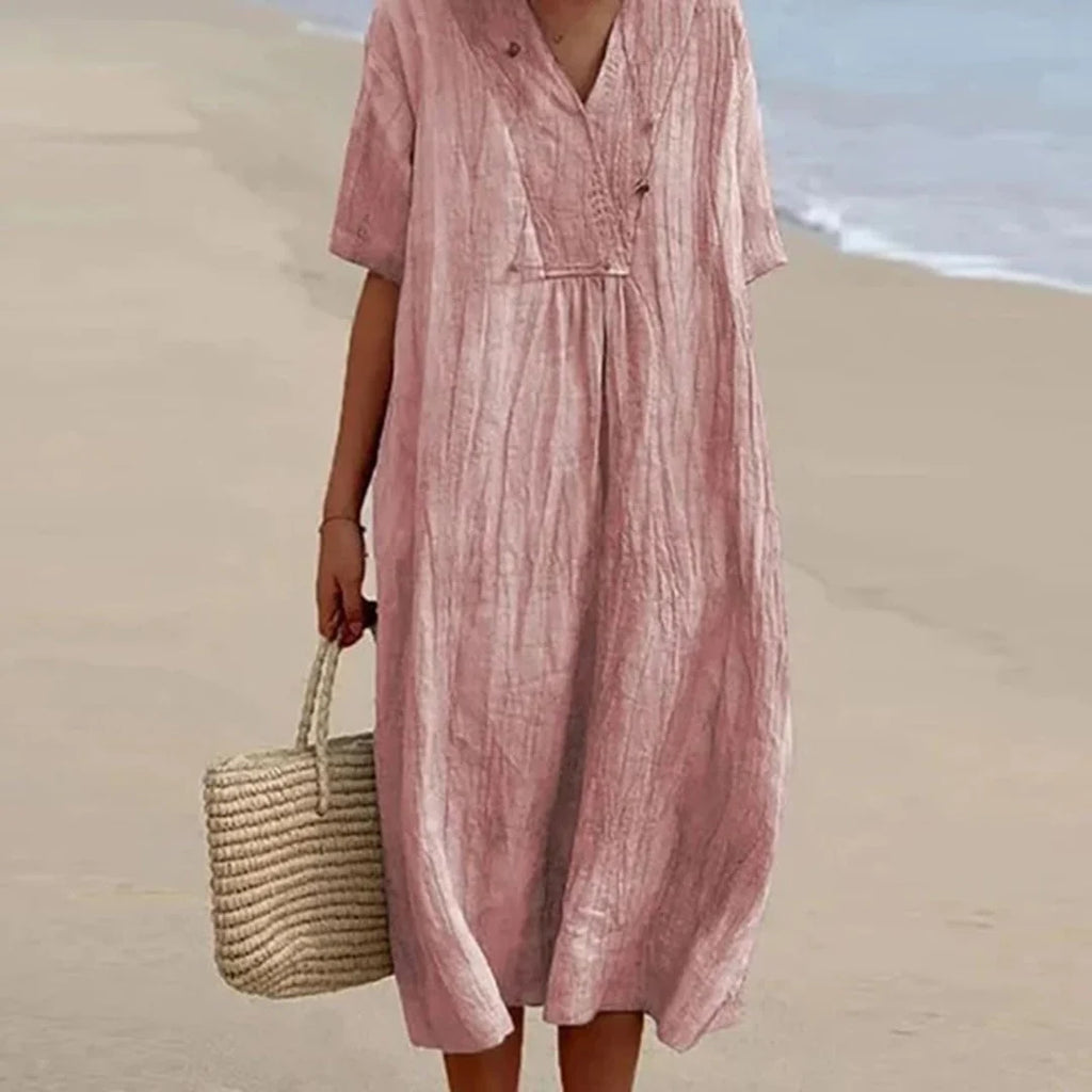 Midi Dress | Breathable Linen Blend & V‑Neck | Loose Fit
