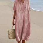 Midi Dress | Breathable Linen Blend & V‑Neck | Loose Fit